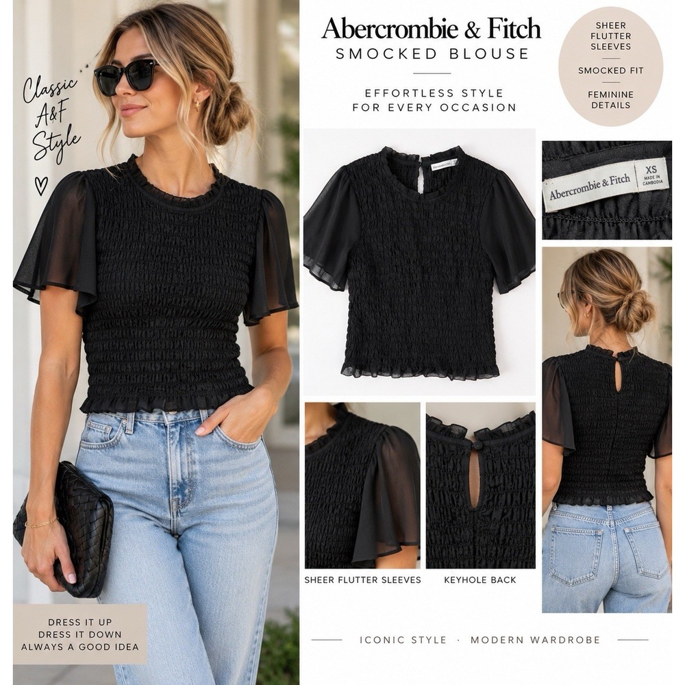 Abercrombie & Fitch Womens XS Black Smocked Blouse Sheer Flutter Sleeve Top